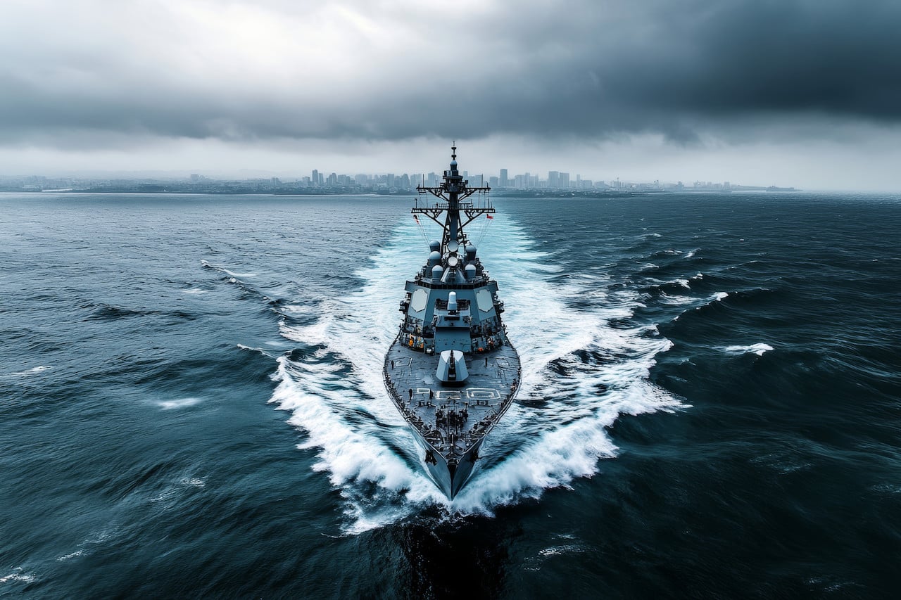 Aerial view of a us destroyer navigating rough seas against a city backdrop under dark skies